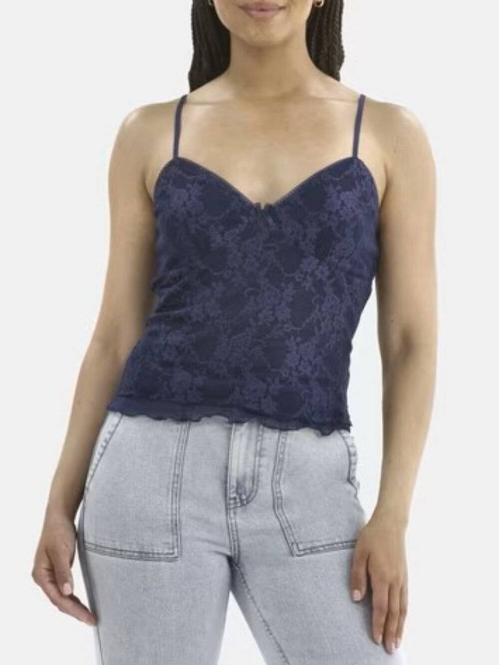 No Boundaries Lace Picot Trim Cami Tank Top Blue Babydoll Sweetheart Bow Y2K